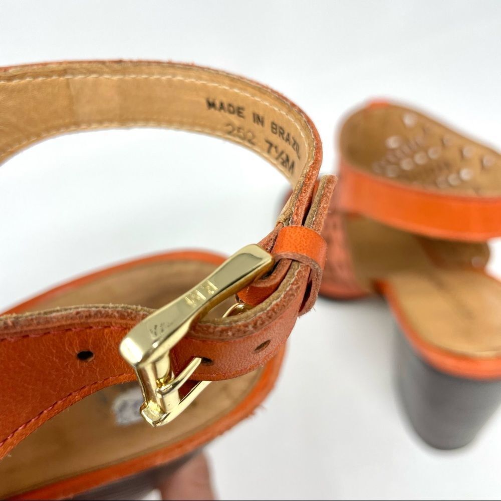 Rebecca Minkoff Laser Cut Peep Toe Orange Leather Block Heel Sandals Size 7.5 - Picture 6 of 9